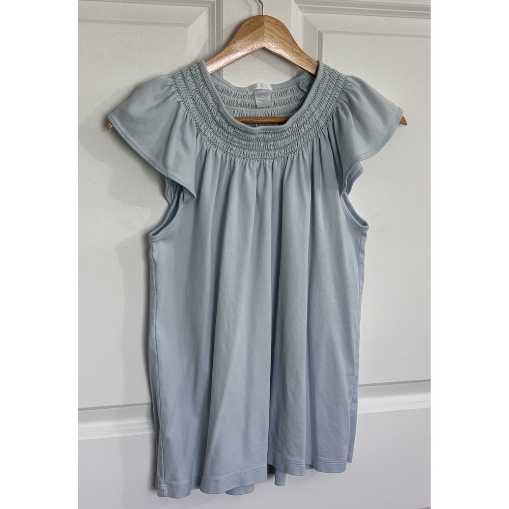 LAKE 100% Pima Cotton Women's Smocked Flutter Sleeve Top S Light Blue Peru
